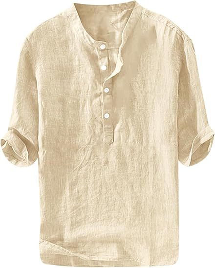 Linen shirt, summer five-sleeve loose pullover men's clothing