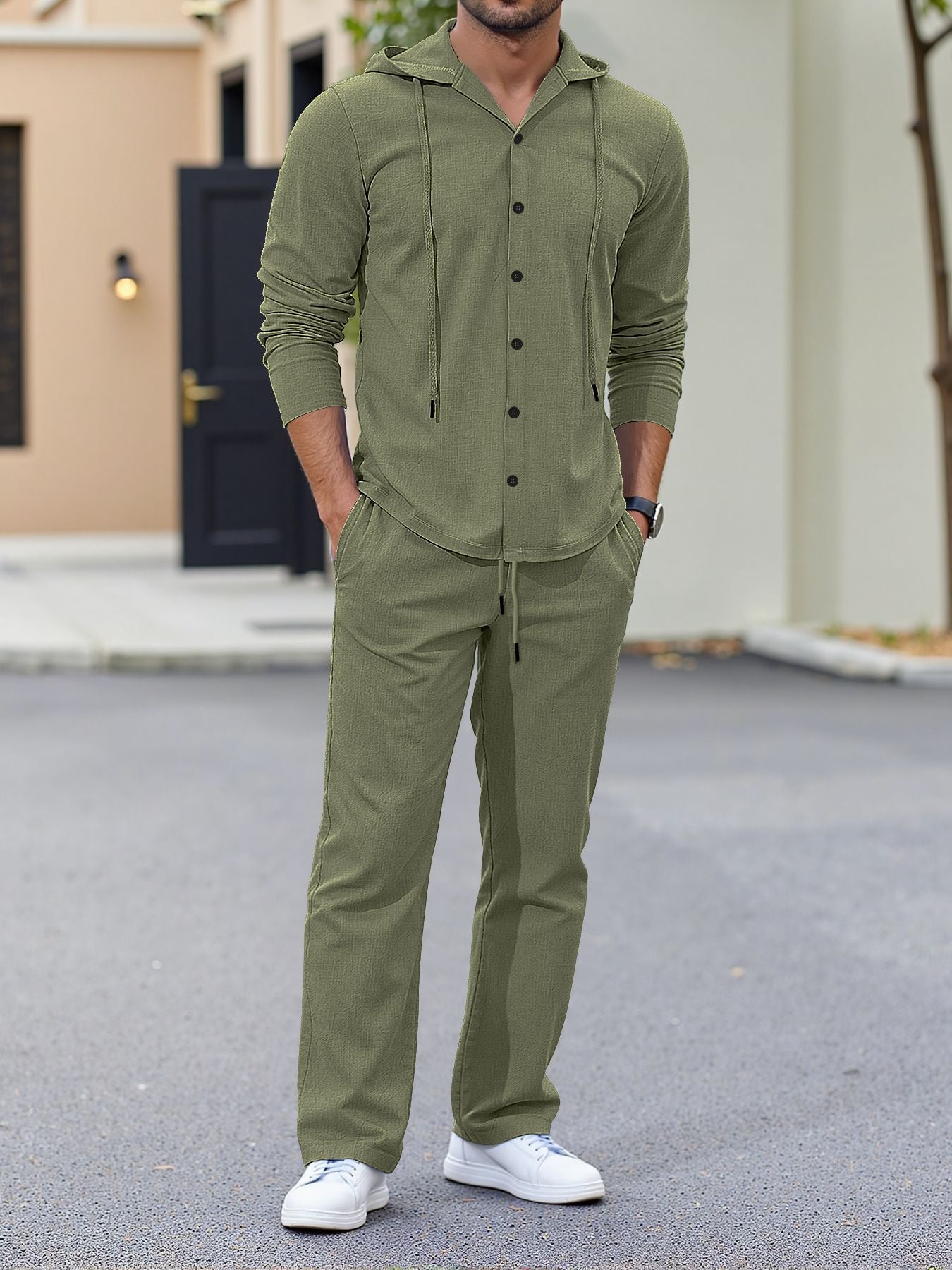 Loose-fitting linen hooded long-sleeved button-down shirt and trousers casual suit