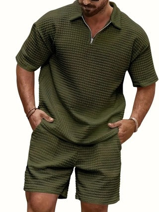 Waffle knit comfortable solid color collared shirt summer sportswear set
