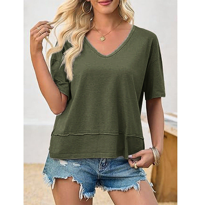 Casual solid color patchwork five-sleeve V-neck loose top