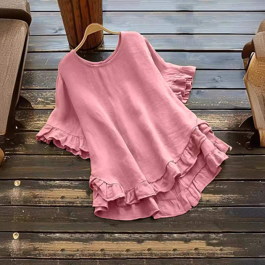 New solid color loose ruffled round neck short-sleeved button shirt