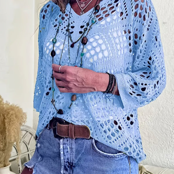Summer V-neck diamond-patterned cutout batwing sleeve top