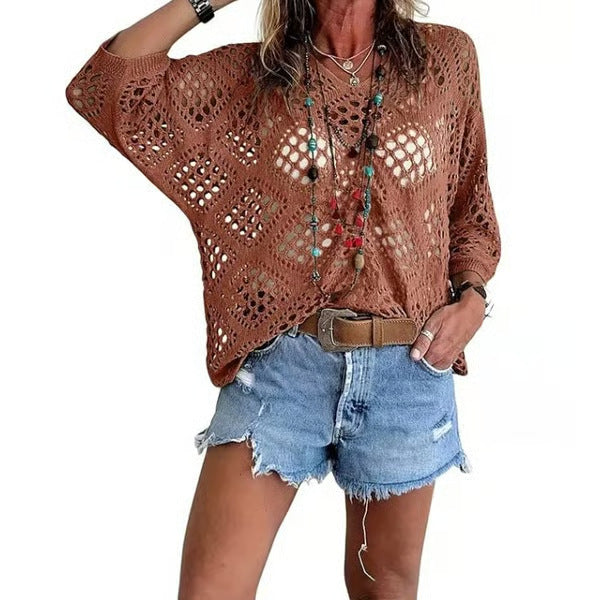 Summer V-neck diamond-patterned cutout batwing sleeve top