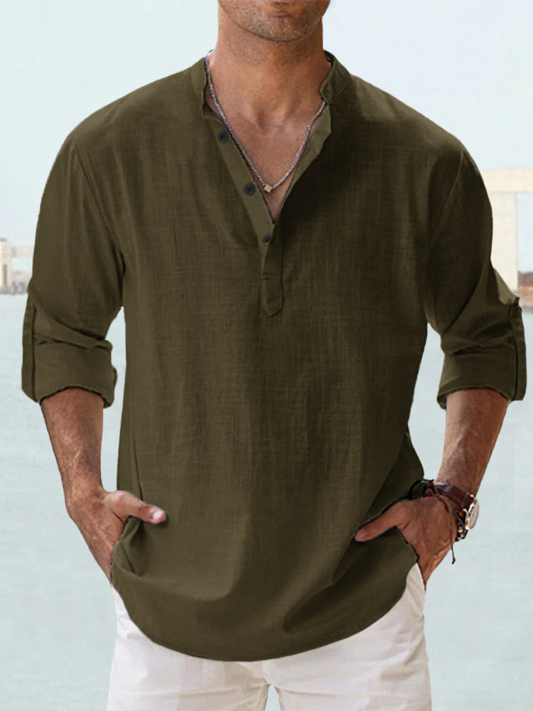 Solid color long-sleeved cotton and linen shirt