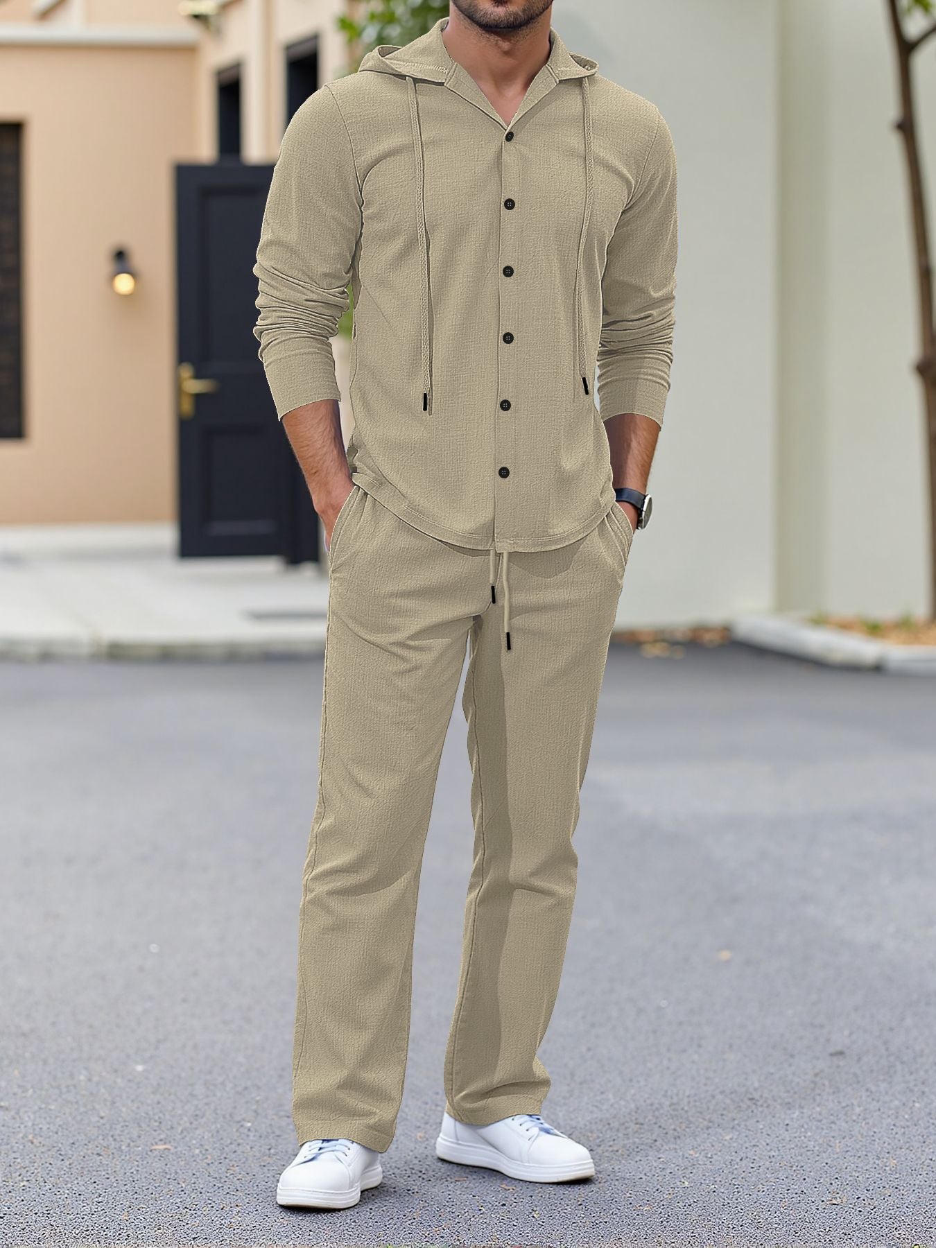 Loose-fitting linen hooded long-sleeved button-down shirt and trousers casual suit