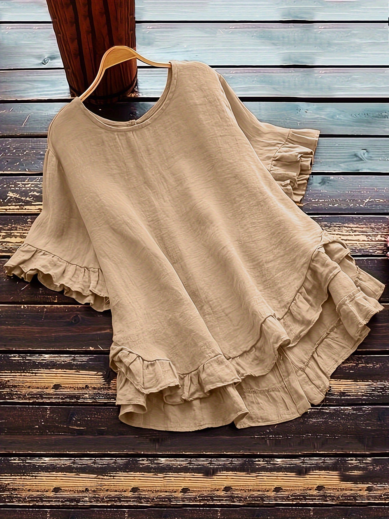 New solid color loose ruffled round neck short-sleeved button shirt
