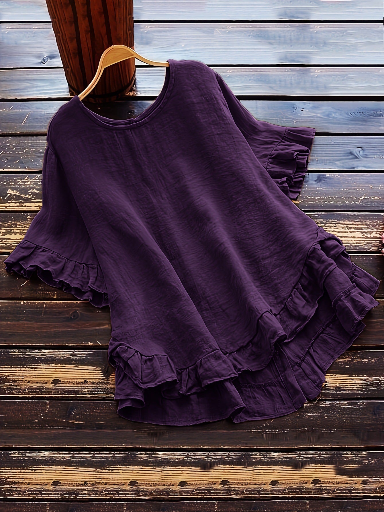 New solid color loose ruffled round neck short-sleeved button shirt