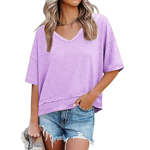 Casual solid color patchwork five-sleeve V-neck loose top