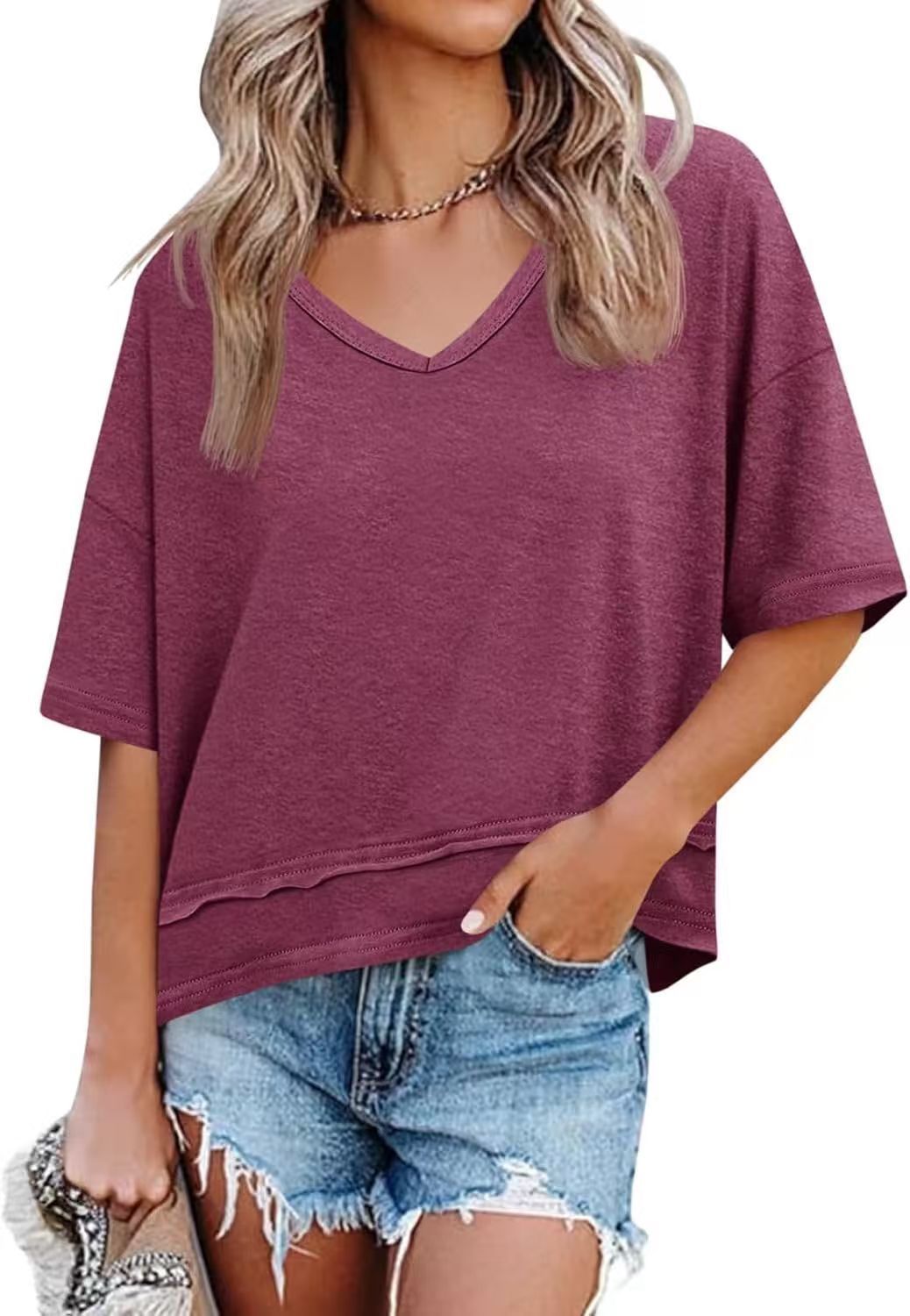 Casual solid color patchwork five-sleeve V-neck loose top