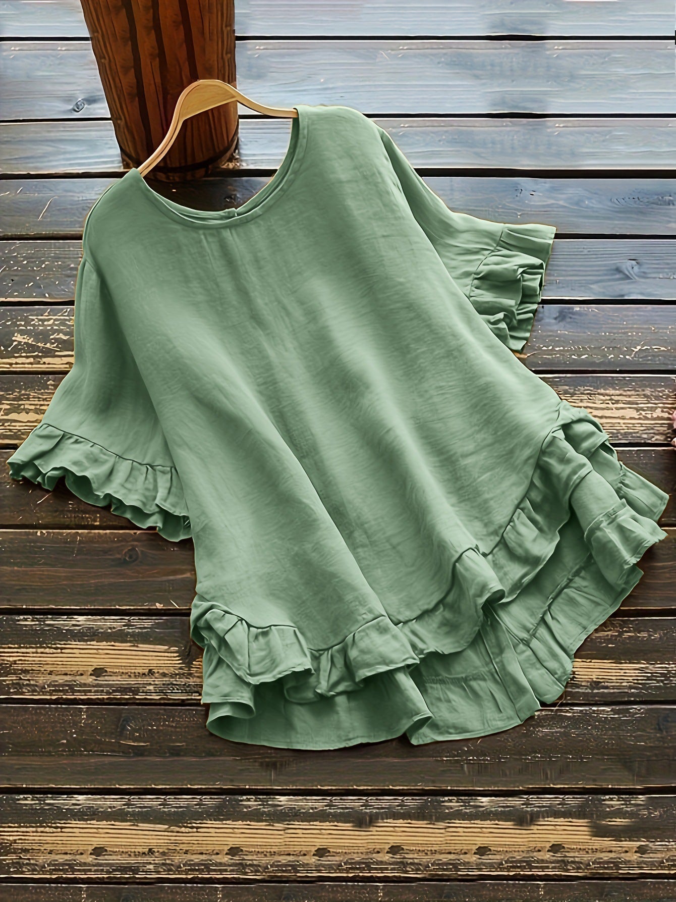 New solid color loose ruffled round neck short-sleeved button shirt