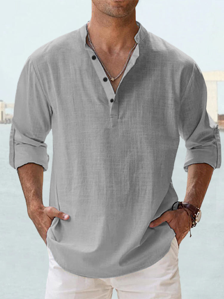 Solid color long-sleeved cotton and linen shirt