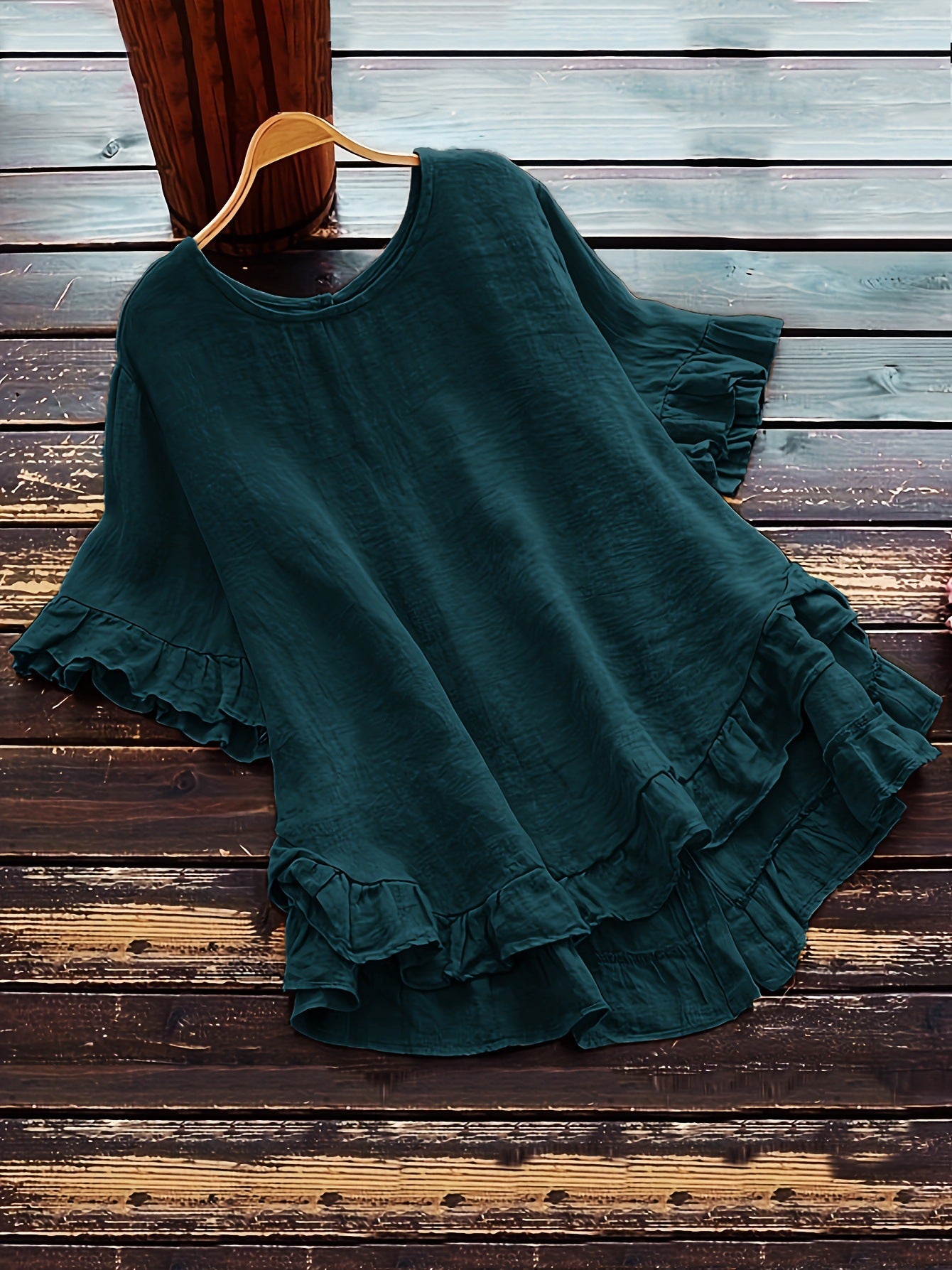 New solid color loose ruffled round neck short-sleeved button shirt