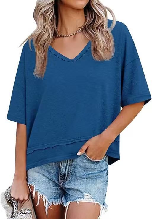 Casual solid color patchwork five-sleeve V-neck loose top