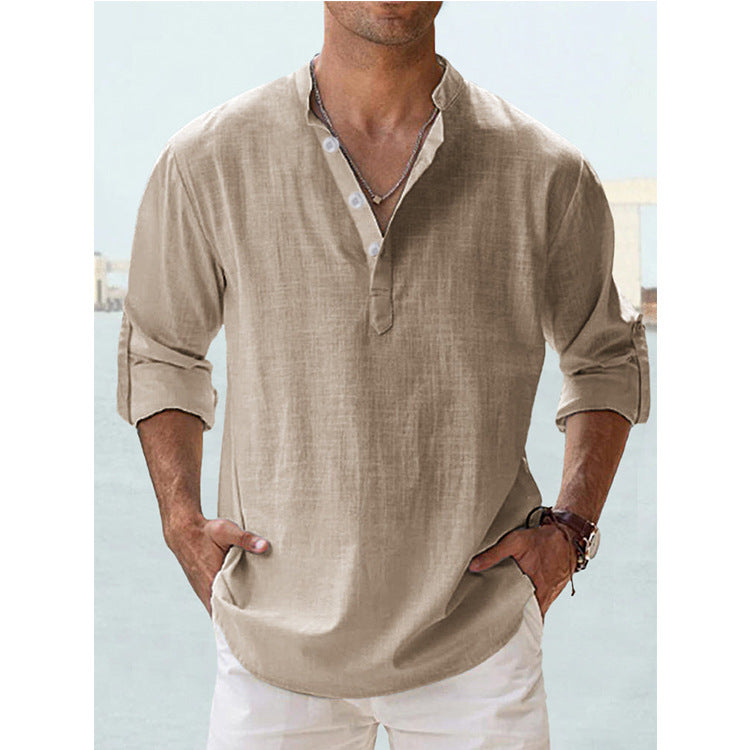 Solid color long-sleeved cotton and linen shirt