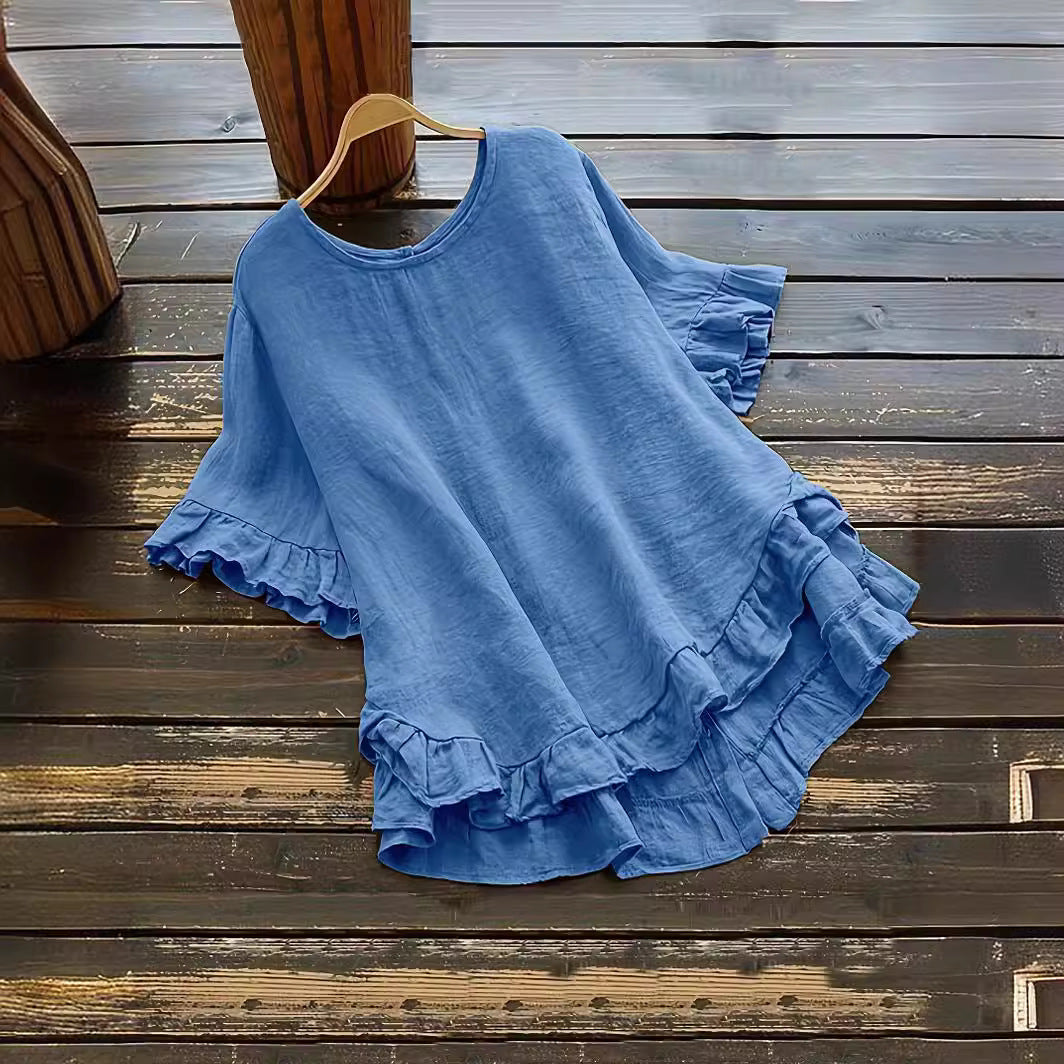 New solid color loose ruffled round neck short-sleeved button shirt