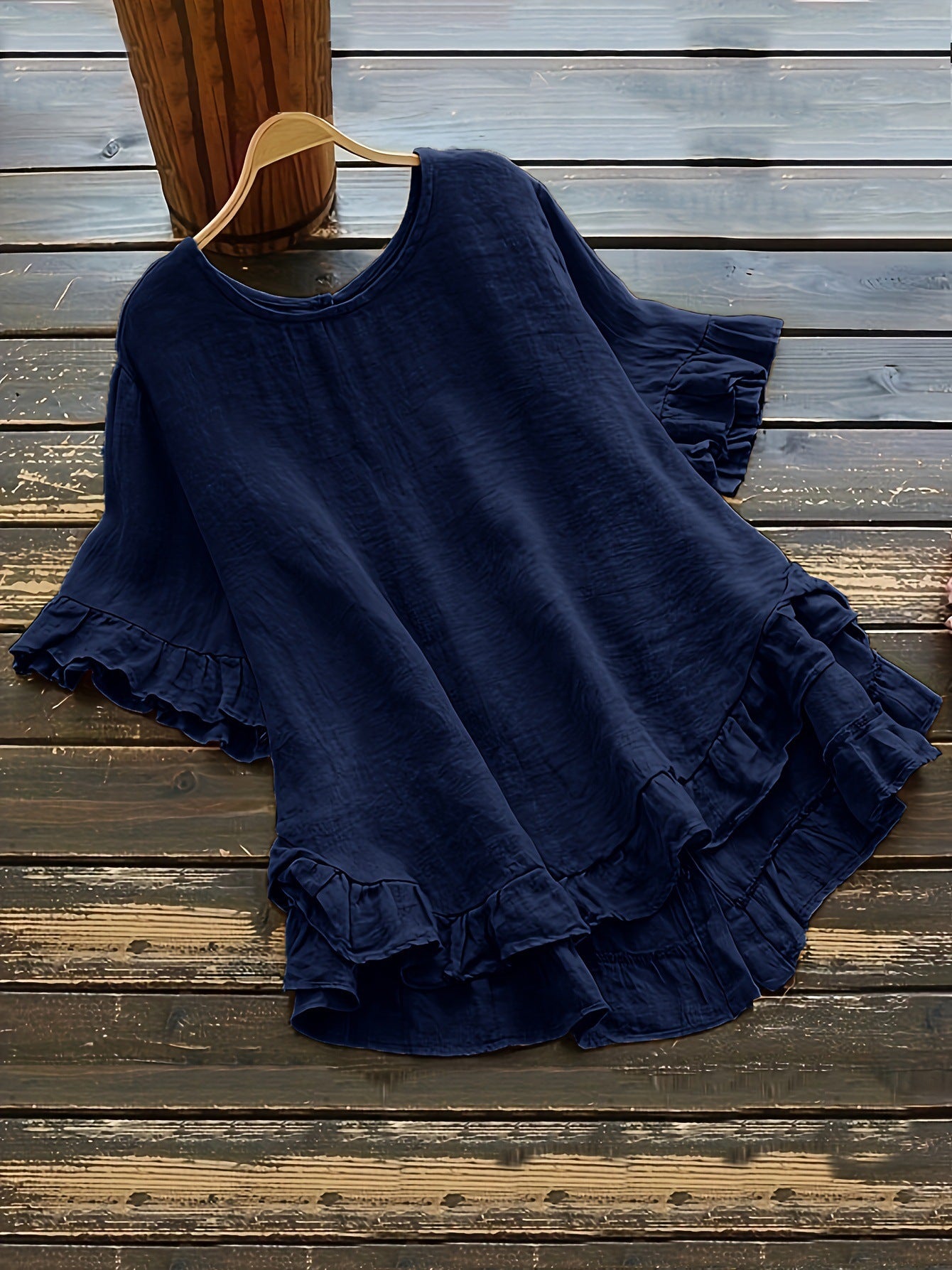 New solid color loose ruffled round neck short-sleeved button shirt