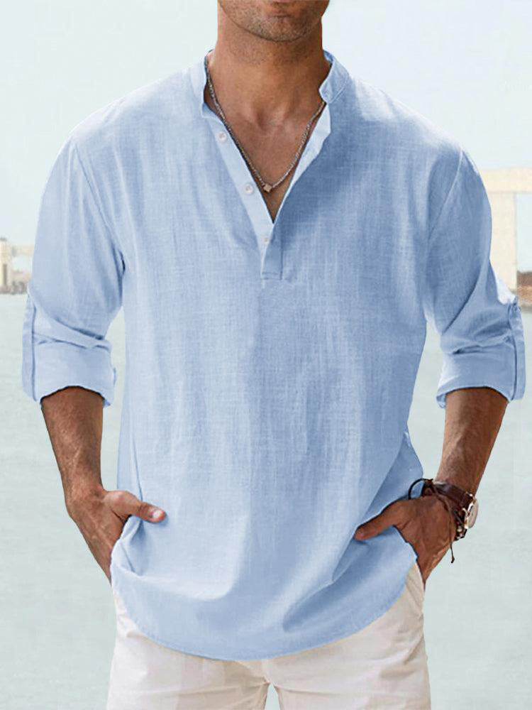 Solid color long-sleeved cotton and linen shirt