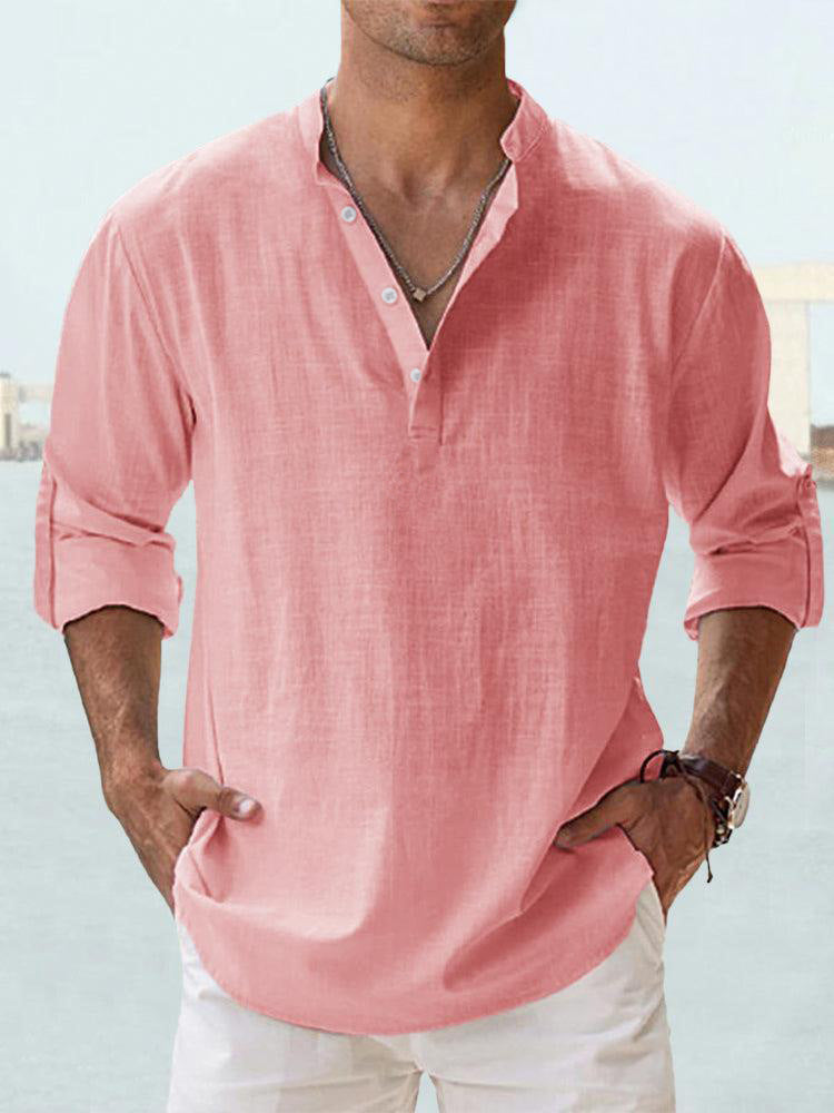 Solid color long-sleeved cotton and linen shirt