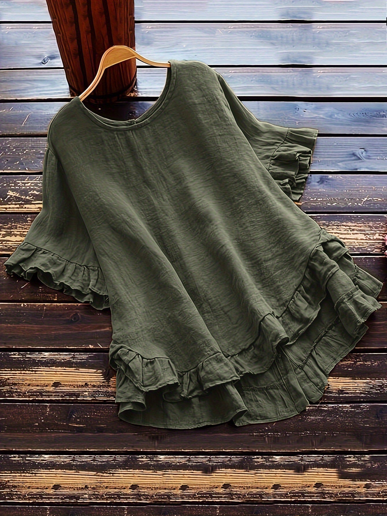 New solid color loose ruffled round neck short-sleeved button shirt