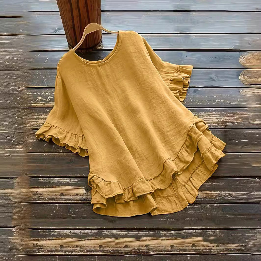 New solid color loose ruffled round neck short-sleeved button shirt