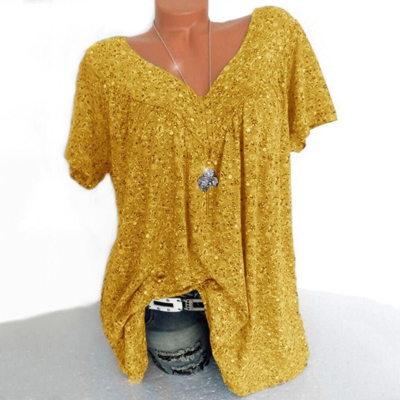 V-neck loose short-sleeved printed t-shirt