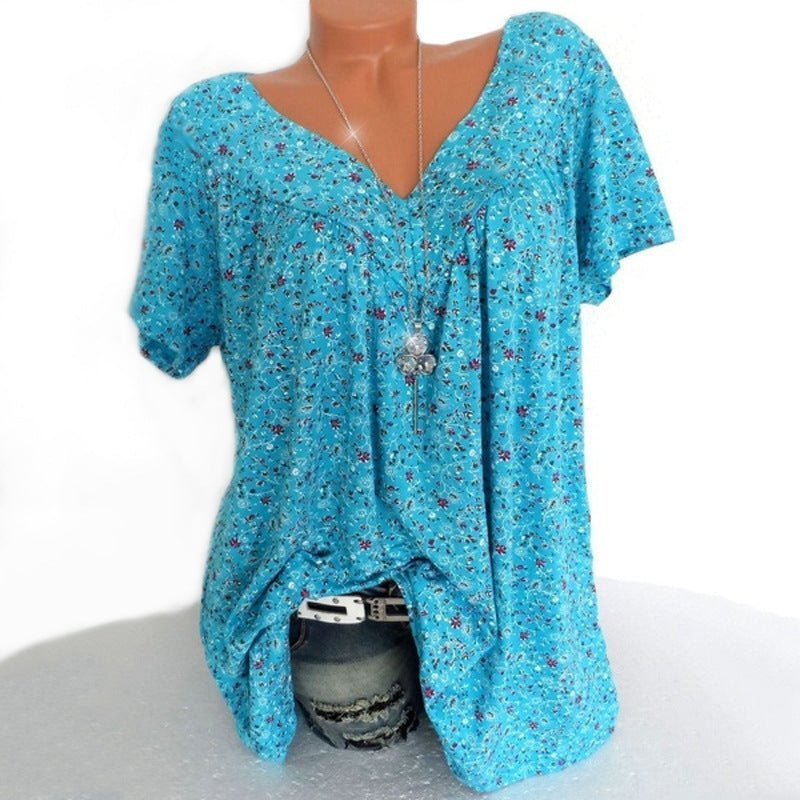 V-neck loose short-sleeved printed t-shirt