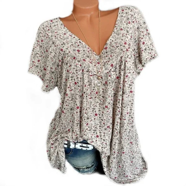 V-neck loose short-sleeved printed t-shirt