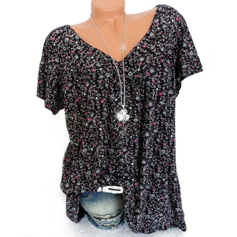 V-neck loose short-sleeved printed t-shirt