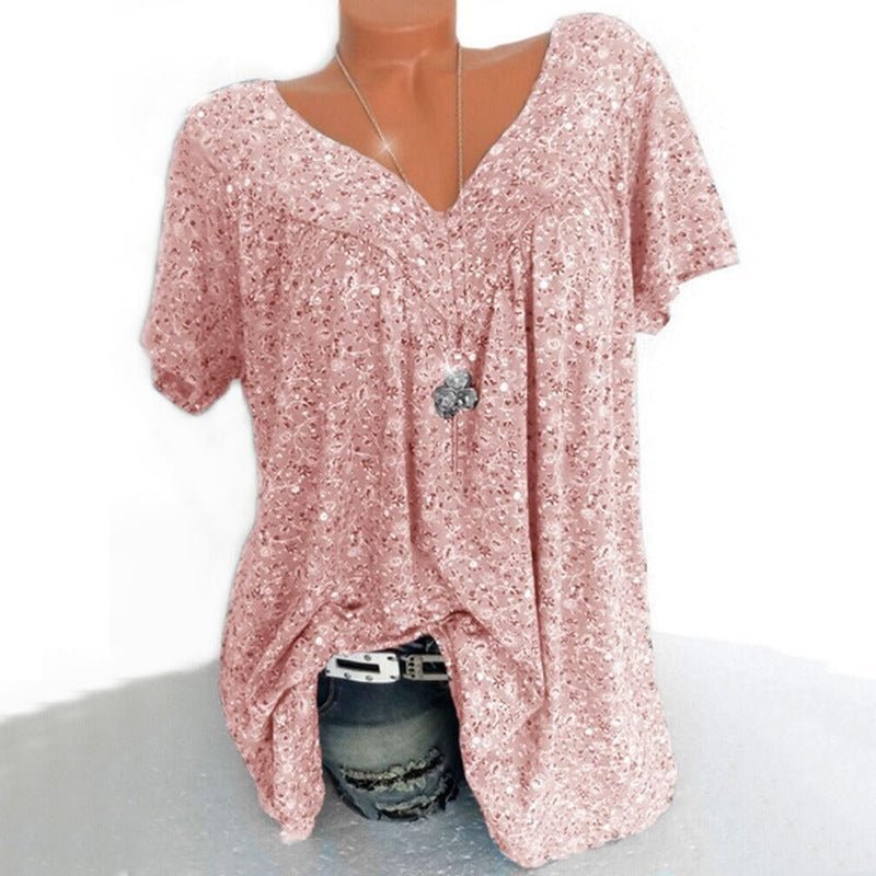 V-neck loose short-sleeved printed t-shirt
