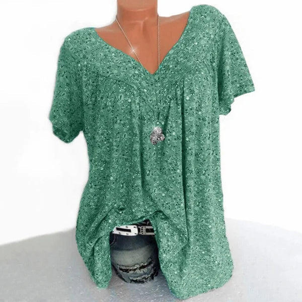 V-neck loose short-sleeved printed t-shirt