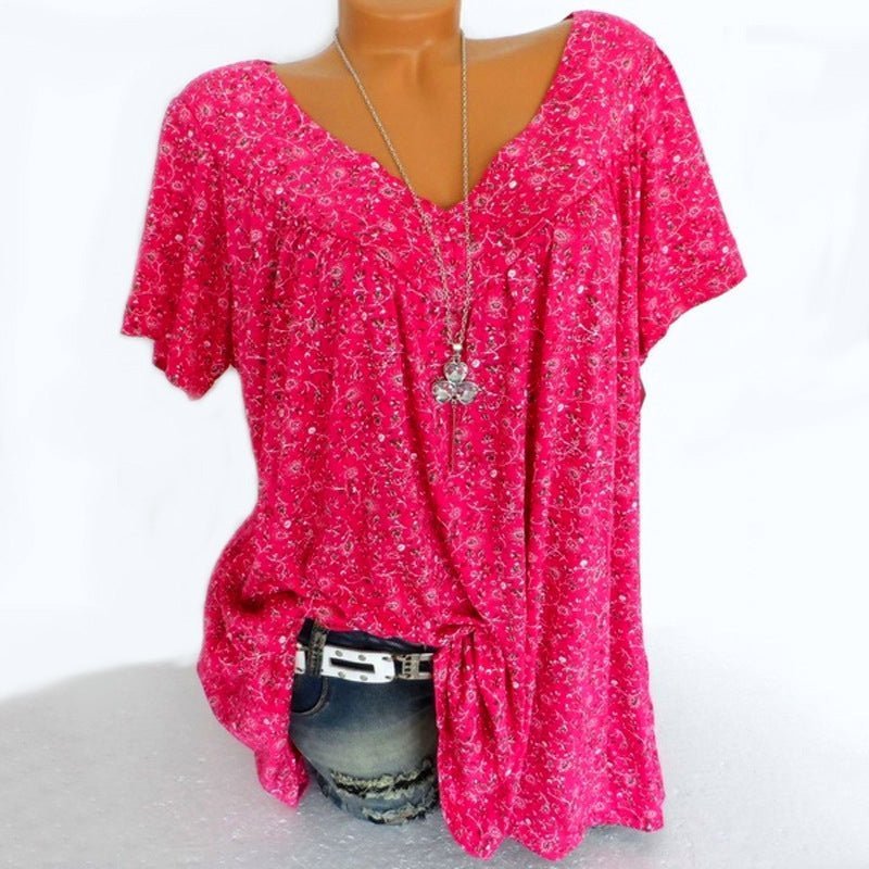 V-neck loose short-sleeved printed t-shirt