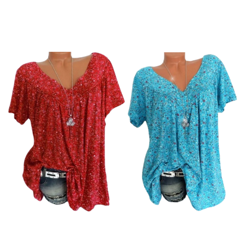 V-neck loose short-sleeved printed t-shirt