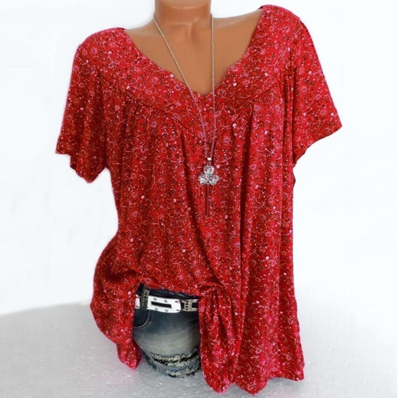 V-neck loose short-sleeved printed t-shirt