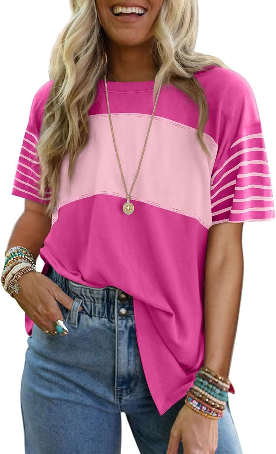 Crew neck casual striped short-sleeved T-shirt