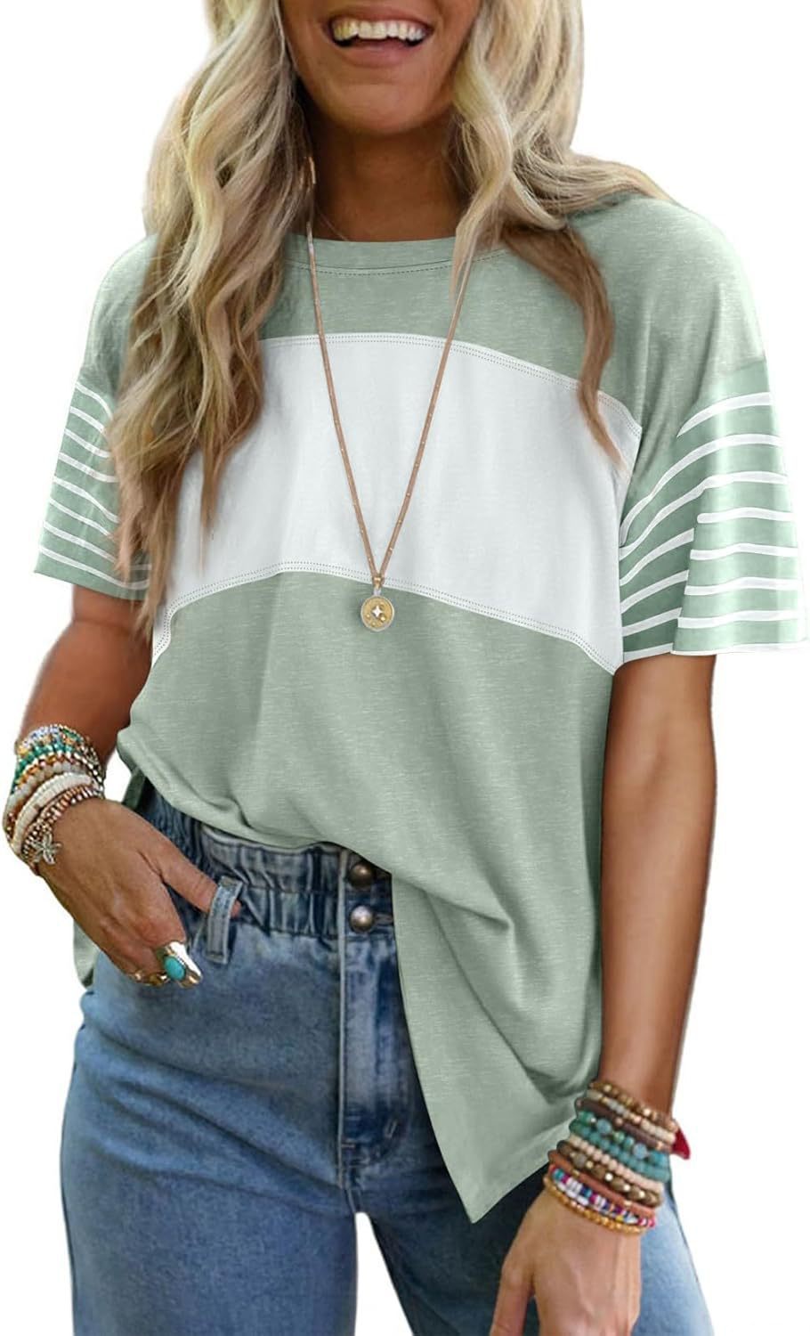 Crew neck casual striped short-sleeved T-shirt