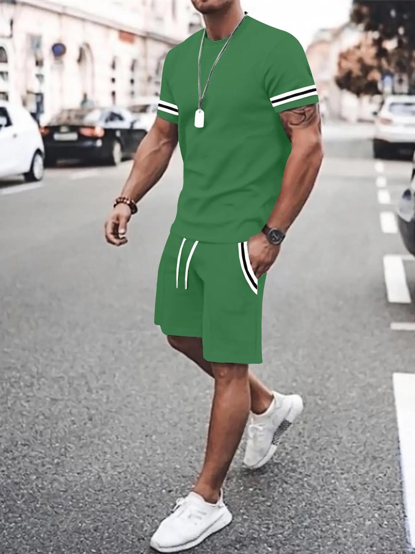 Colorful piping T-shirt and drawstring waist shorts set